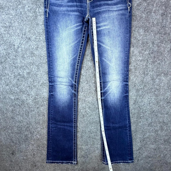 Miss Me Jeans 25 Blue Y2K Fleur De Lis Cowgirl Cowhair Mid Rise Slim Boot - Picture 3 of 9